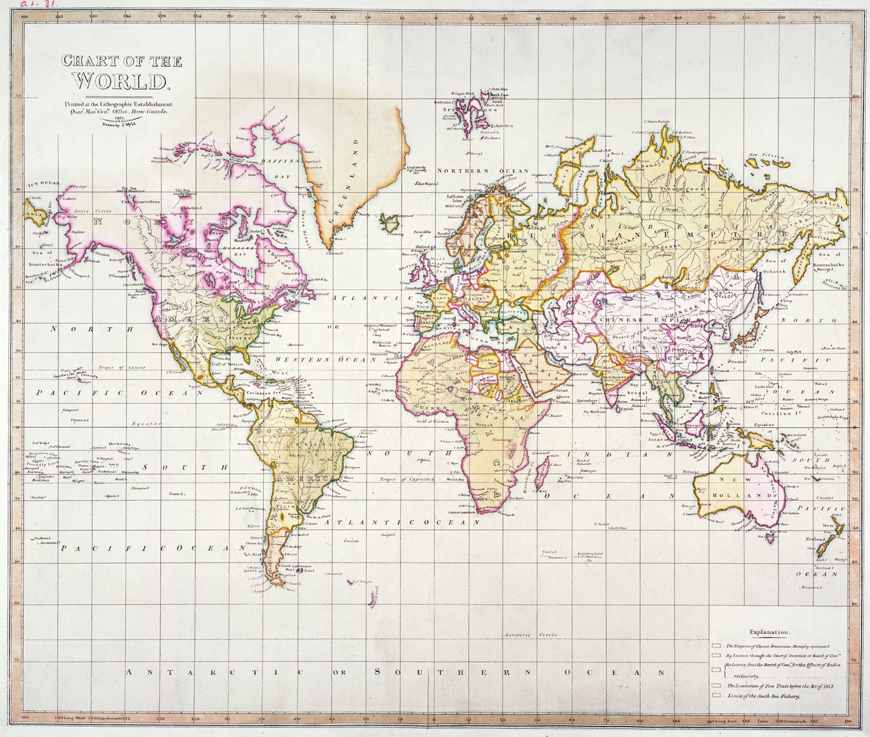 Chart of the World, printed at the Lithographic Establishment, Horse Guards by James the Elder Wyld
