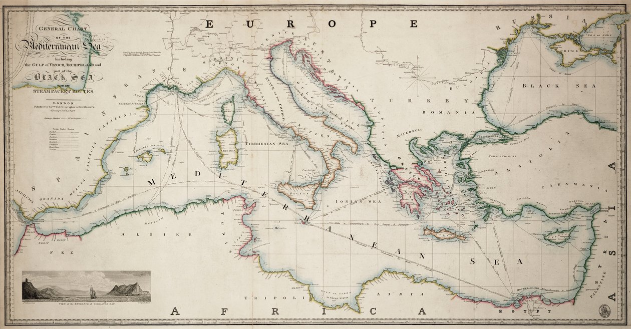 General Chart of the Mediterranean Sea Including the Gulf of Venice, Archipelago and Part of the Black Sea with the Steampacket Routes by James the Younger Wyld
