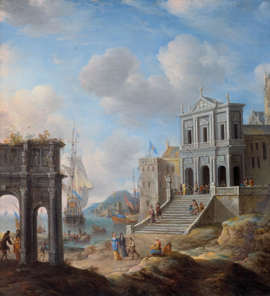 Capriccio with the Arch of Constantine and the Church of San Gregorio Magno al Celio beside a Harbor by Jan Abrahamsz. Beerstraten