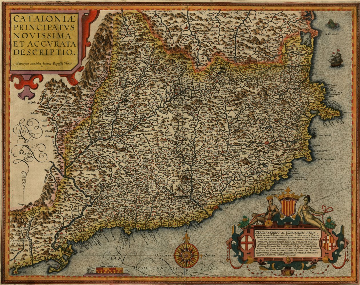 Map of Catalonia Entitled Cataloniae Principatus Novissima et Accurata Descriptio Printed in Antwerp in 1608 by Jan Baptist Vrients by Jan Baptist Vrients