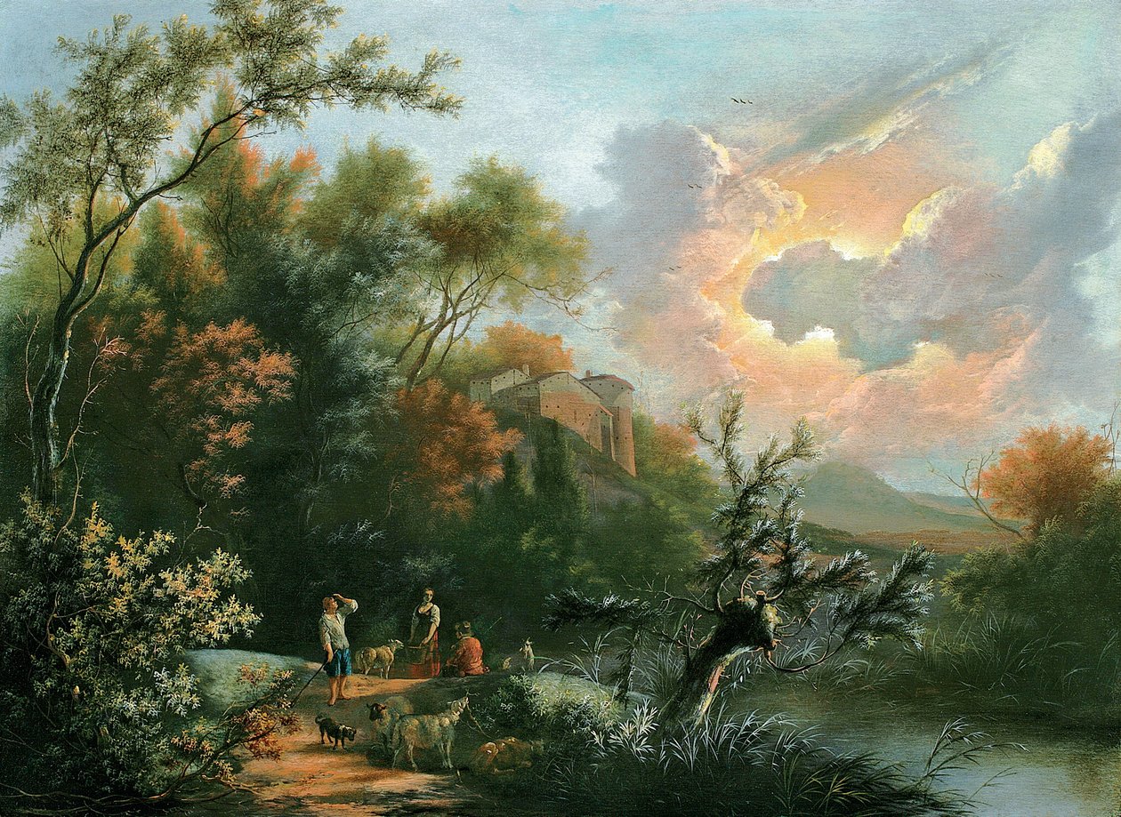 An Italianate Hilly and Wooded River Landscape with Shepherds and Their Flock at Rest by Jan Snellinck