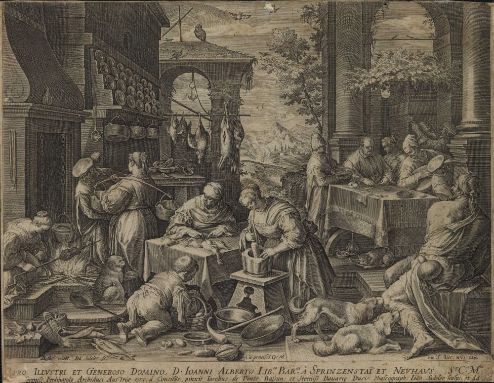 The Opulent Glutton at the Table and the Beggar Lazarus from the Series Kitchen Scenes by Jan Sadeler