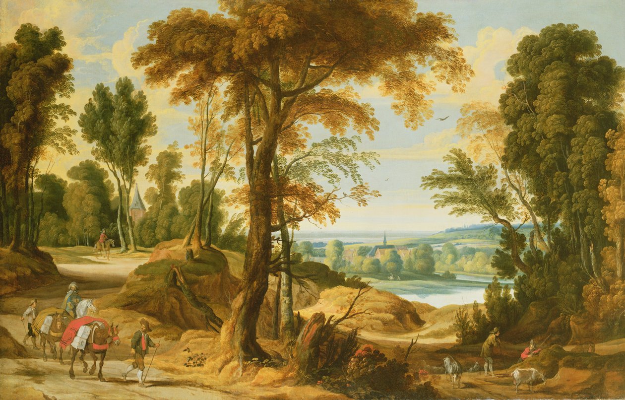 A Wooded River Landscape with Figures on a Road by Jan Wildens