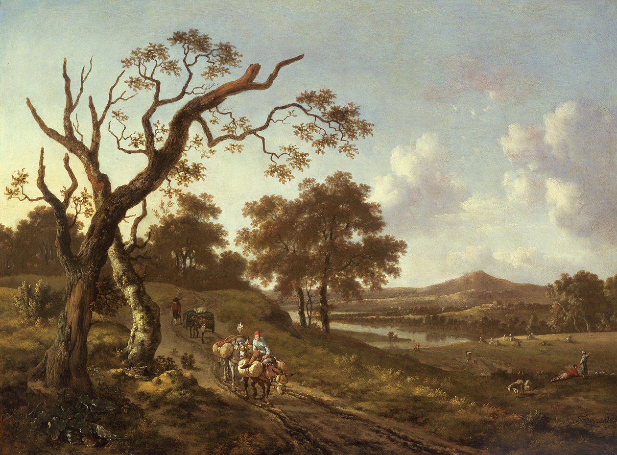 An Extensive Landscape with Pack Mules on a Country Road by Jan Wiynants