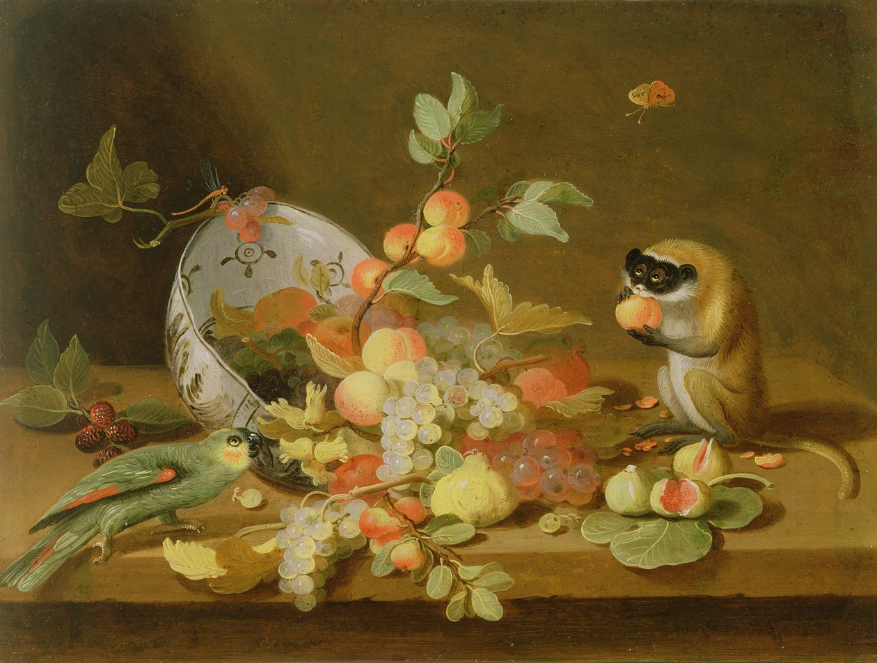 Grapes and Peaches Spilling from an Overturned Delft Bowl by Jan van Kessel the Elder