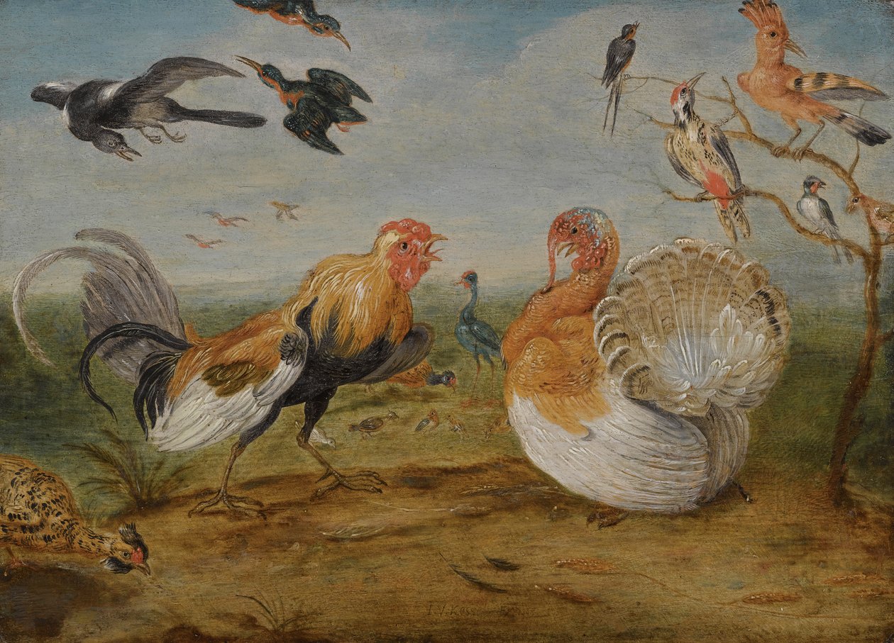 A Landscape with a Cockerel and a Turkey Squabbling, and Other Fowl by Jan van Kessel the Elder