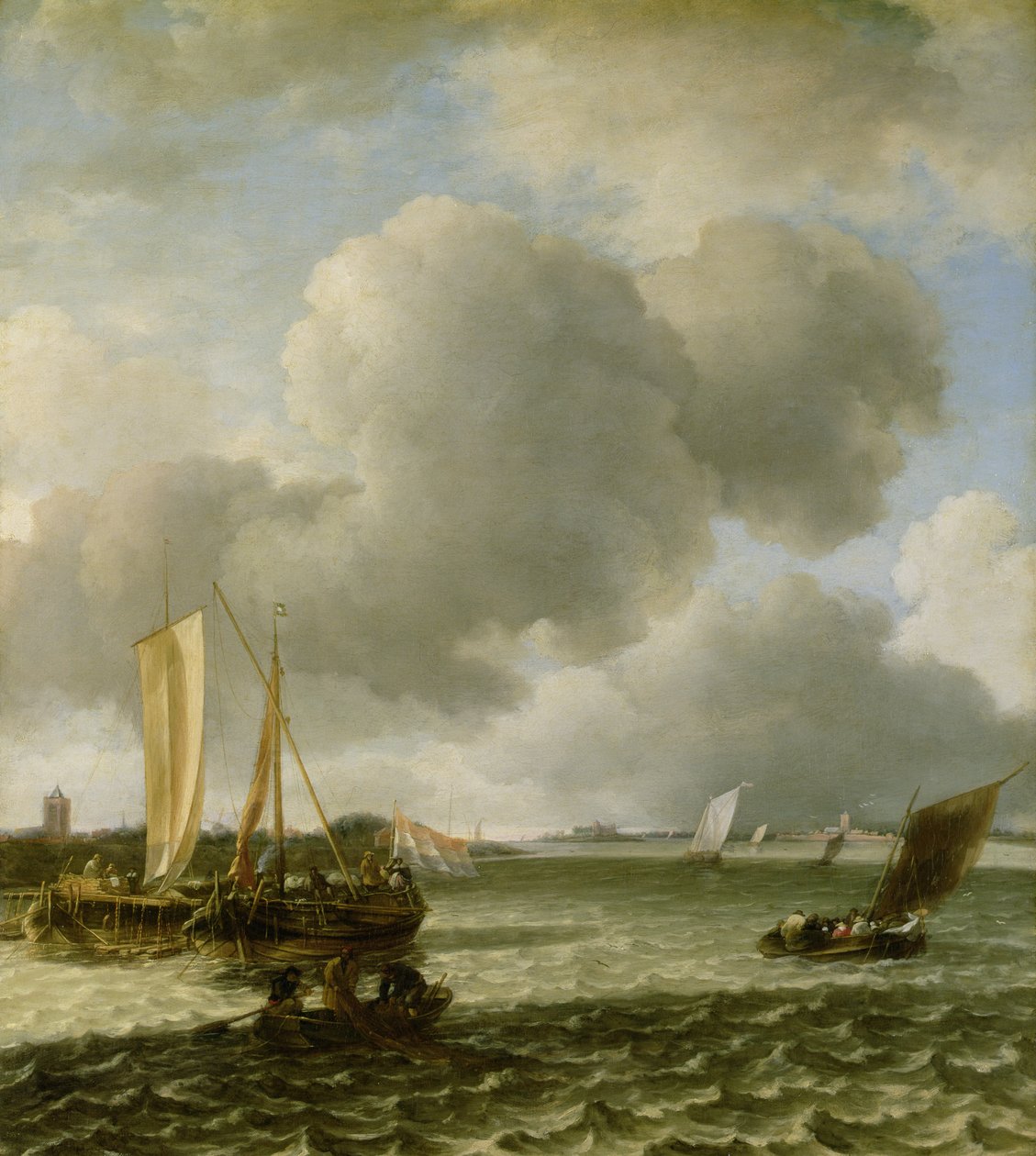 Boats on the River Waal by Jan van de Capelle or Cappelle