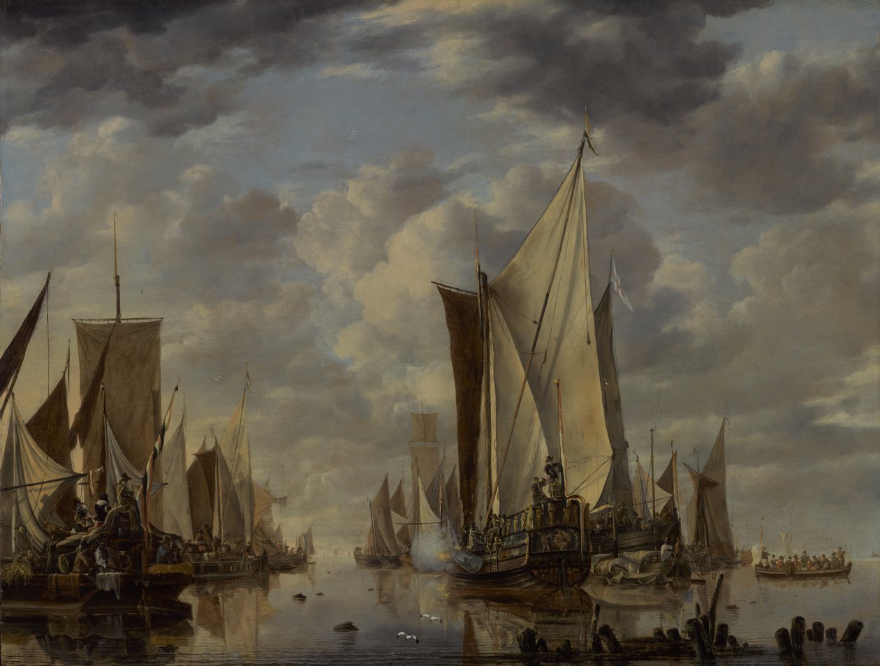 Shipping in a Calm at Flushing with a States General Yacht Firing a Salute by Jan van de Cappelle