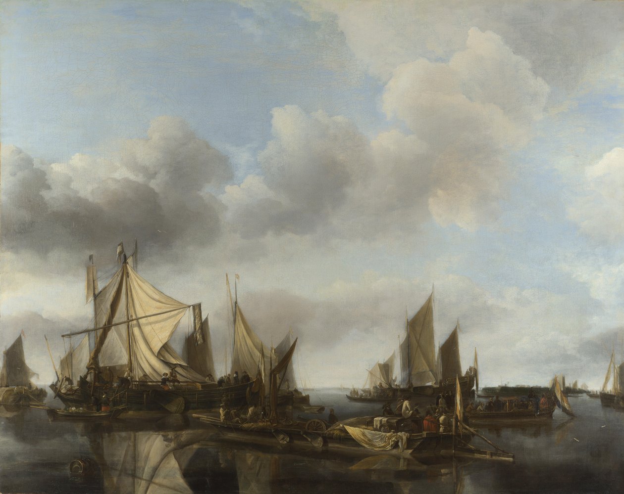 A River Scene with a Large Ferry and Numerous Vessels by Jan van de Cappelle