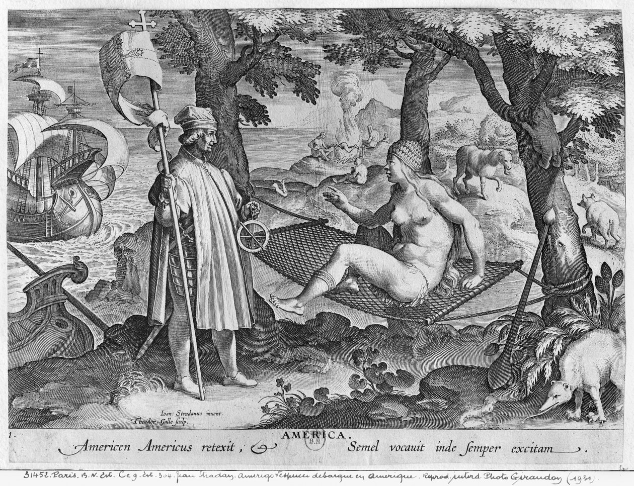 Amerigo Vespucci Landing in America, Engraved by Theodor Galle by Jan van der Straet