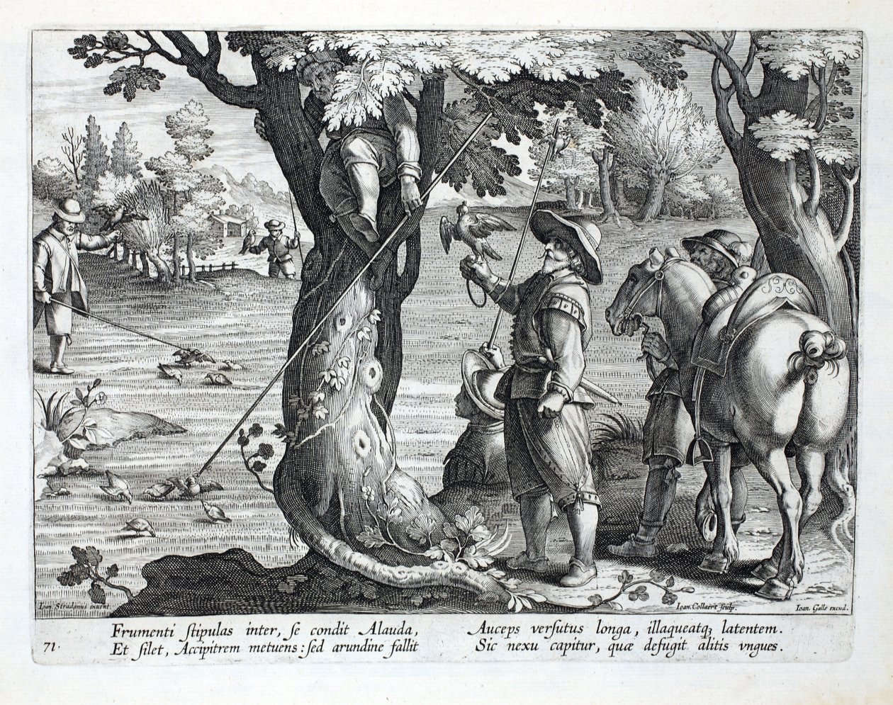 Birdcatchers using rods with rings on to catch birds, illustration from 