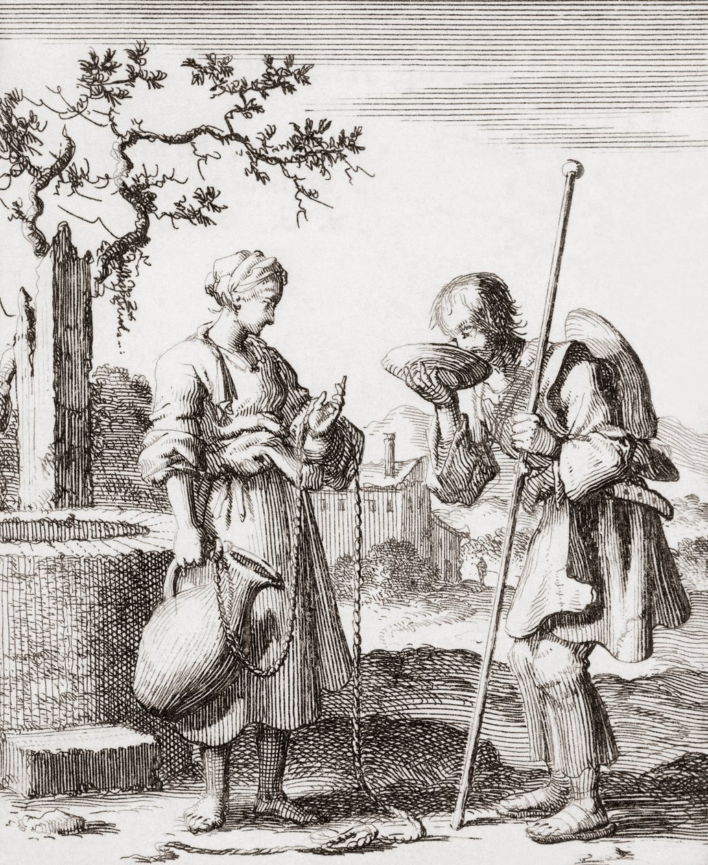 A Woman Gives a Pilgrim a Drink of Water by Jan (after) Luyken