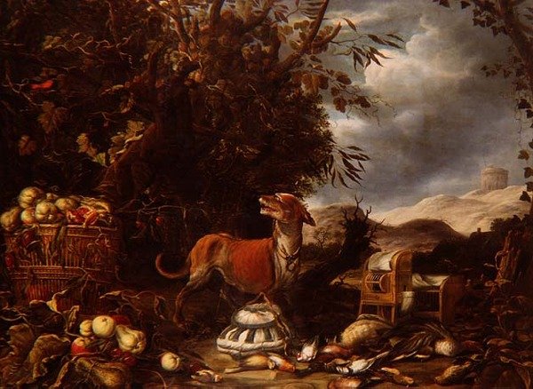 A Hunting Still Life of Dead Birds, Bird Cages, Fruit and a Dog by a Bower in a Landscape by Jan (follower of) Fyt