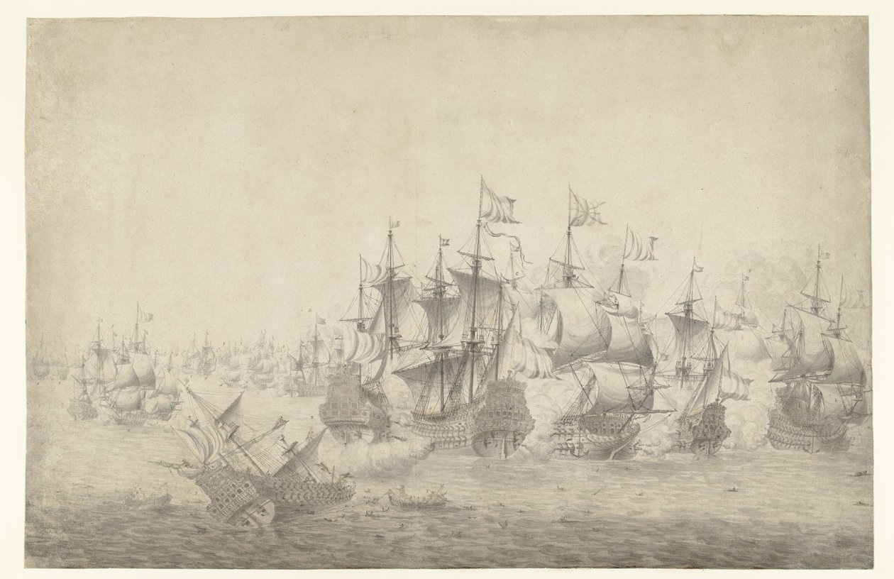 A Naval Battle, Possibly at Lowestoft on June 13, 1665 (left panel) by Jan Abrahamsz. Beerstraten (possibly)