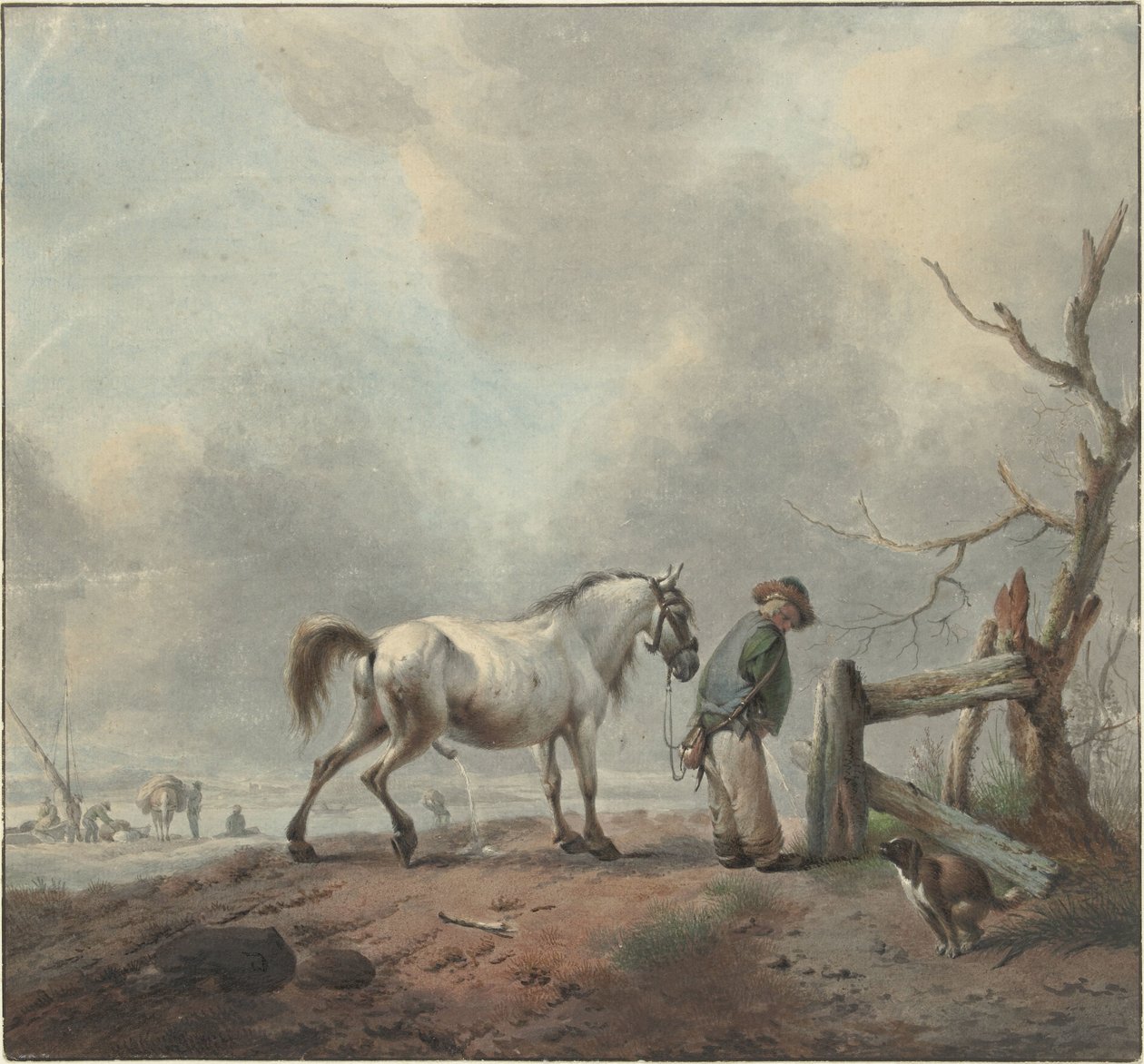 Landscape with a Man, Horse, and Dog Drinking Water by Jan Augustini
