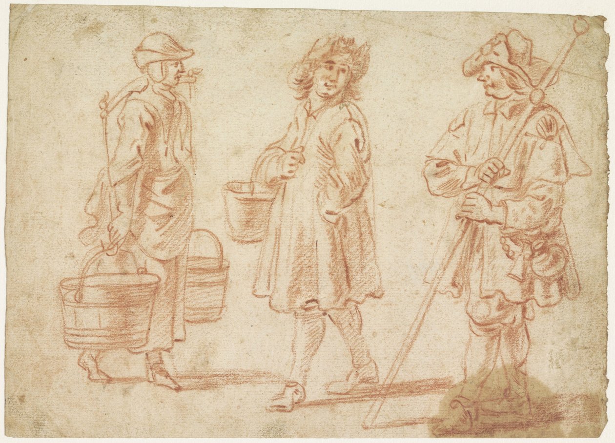 Three Sketches of a Woman with Yoke, Man with Bucket, and a Pilgrim by Jan Baptist Lambrechts