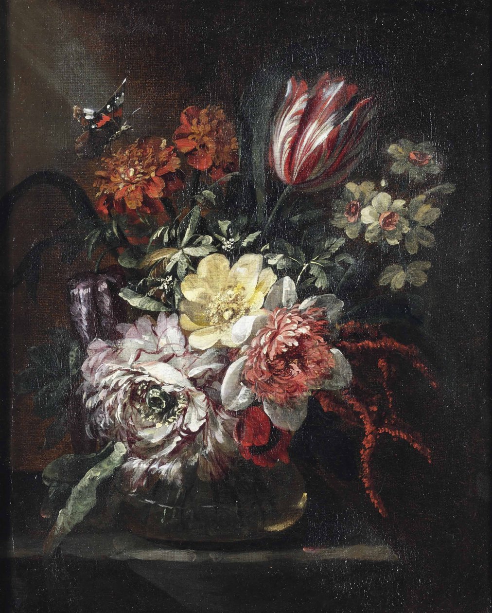 A tulip, roses, daffodils and other flowers in a glass vase, a butterfly above, all on a partially draped table by Jan Baptist Morel