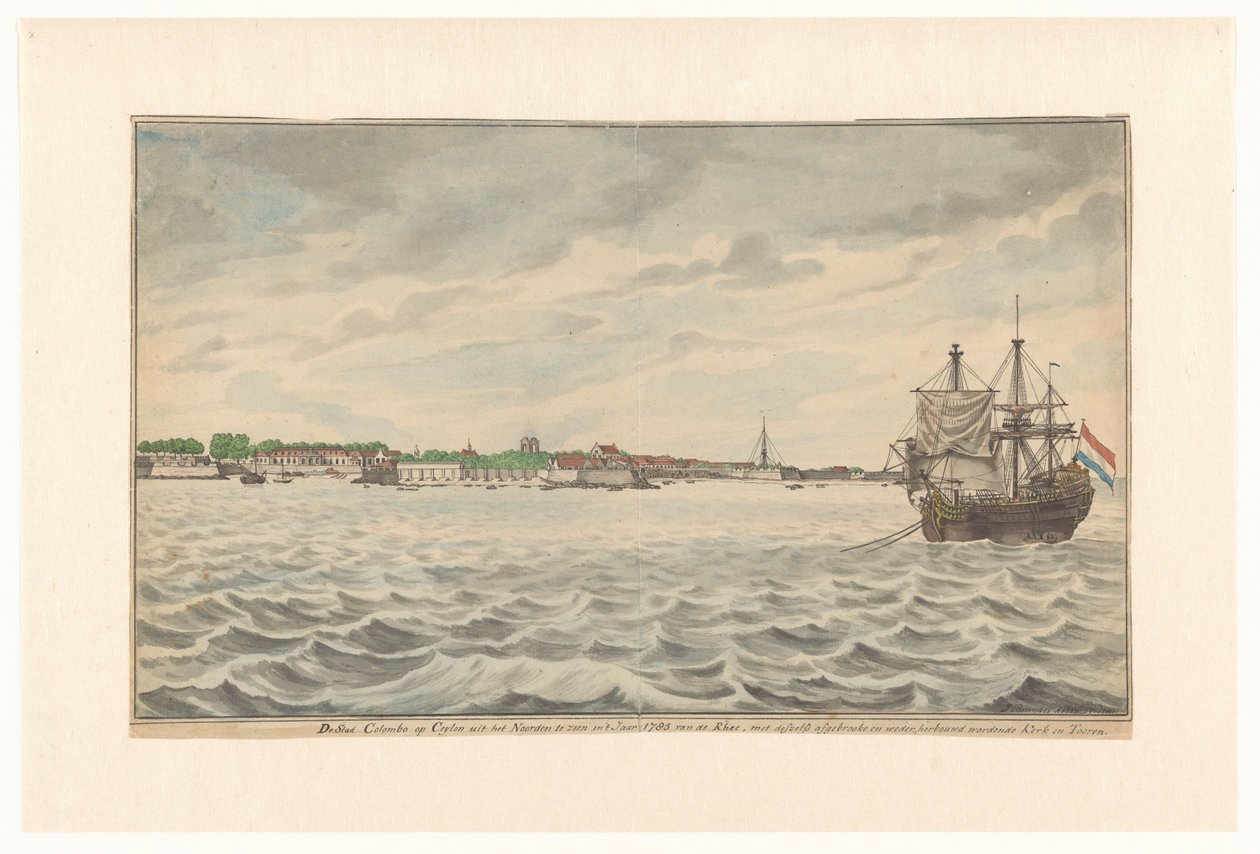 The Town of Colombo in Ceylon Viewed from the North in the Year 1785 from the Roads, with its Demolished Church and Tower, which were being Rebuilt by Jan Brandes (signed by artist)