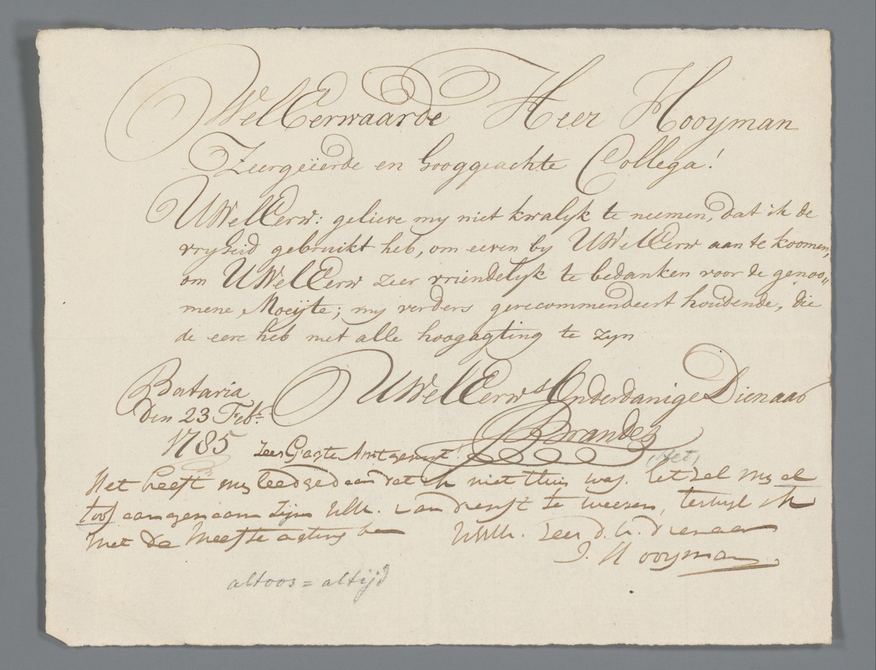 Letter from Jan Brandes to Reverend Hooyman by Jan Brandes