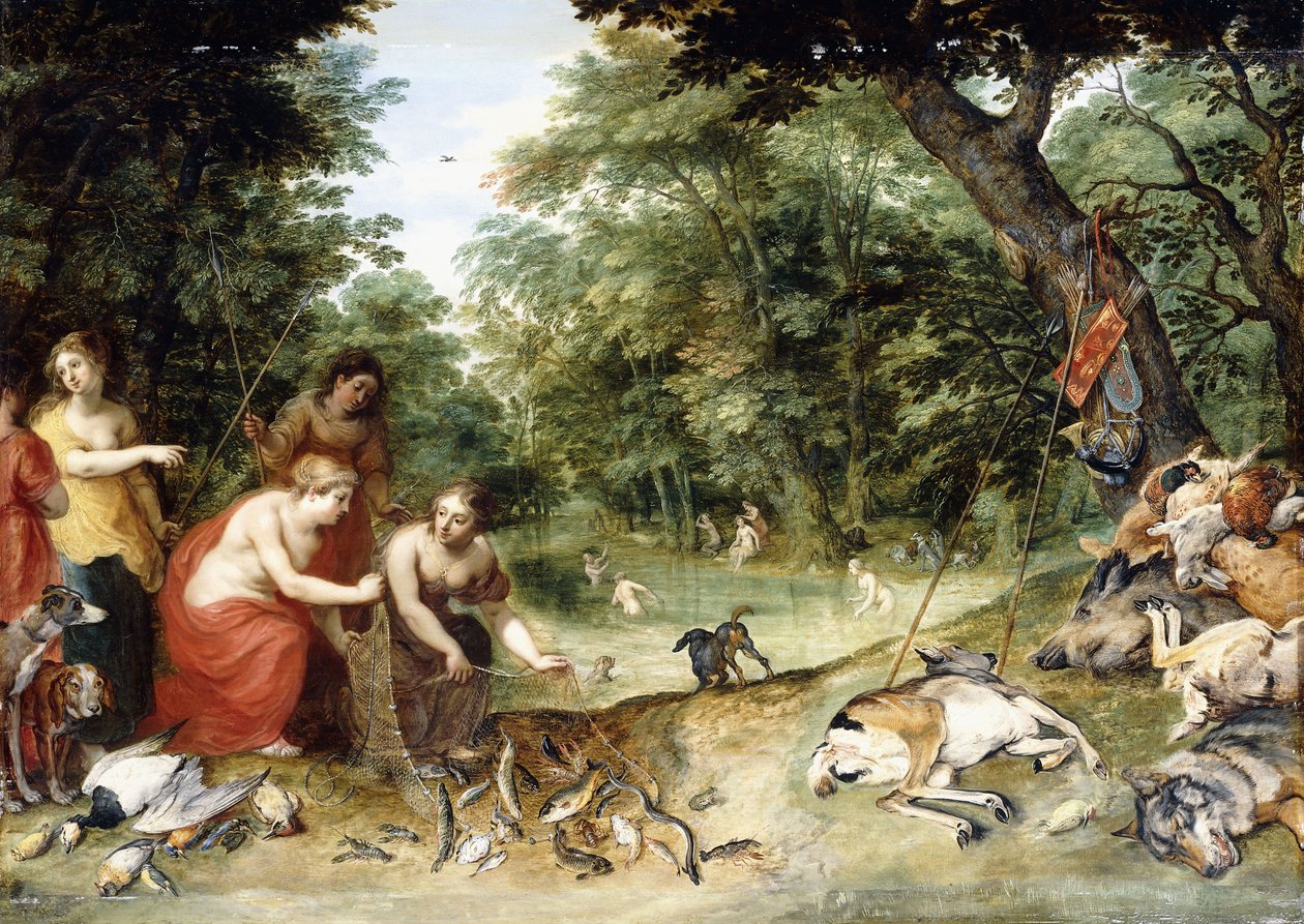 An Allegory of the Elements, Earth, Air and Water: Nymphs bathing in a wooded Glade with Trophies of the Hunt nearby by Jan Brueghel the Elder