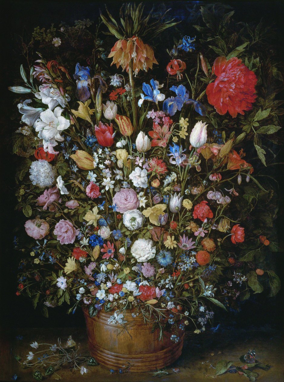 Flowers in a Wooden Vessel by Jan Brueghel the Elder