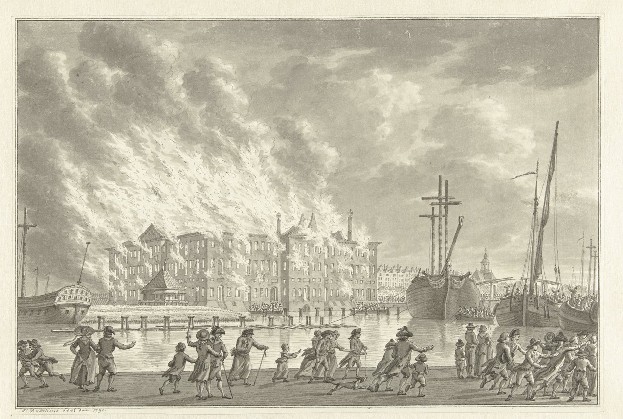 Fire in the National Naval Warehouse, 1791 by Jan Bulthuis (signed by artist)