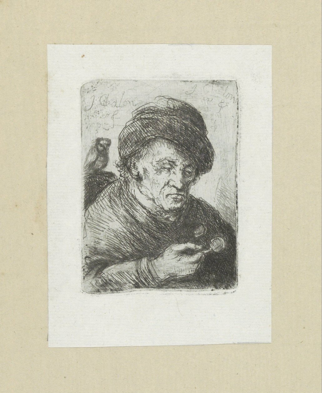 Old Man with Glasses and Owl by Jan Chalon