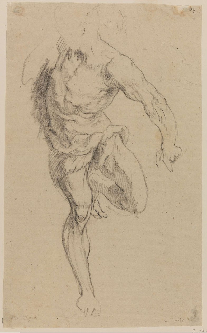 Study of a nude male, standing from the front with drawn up left leg ...