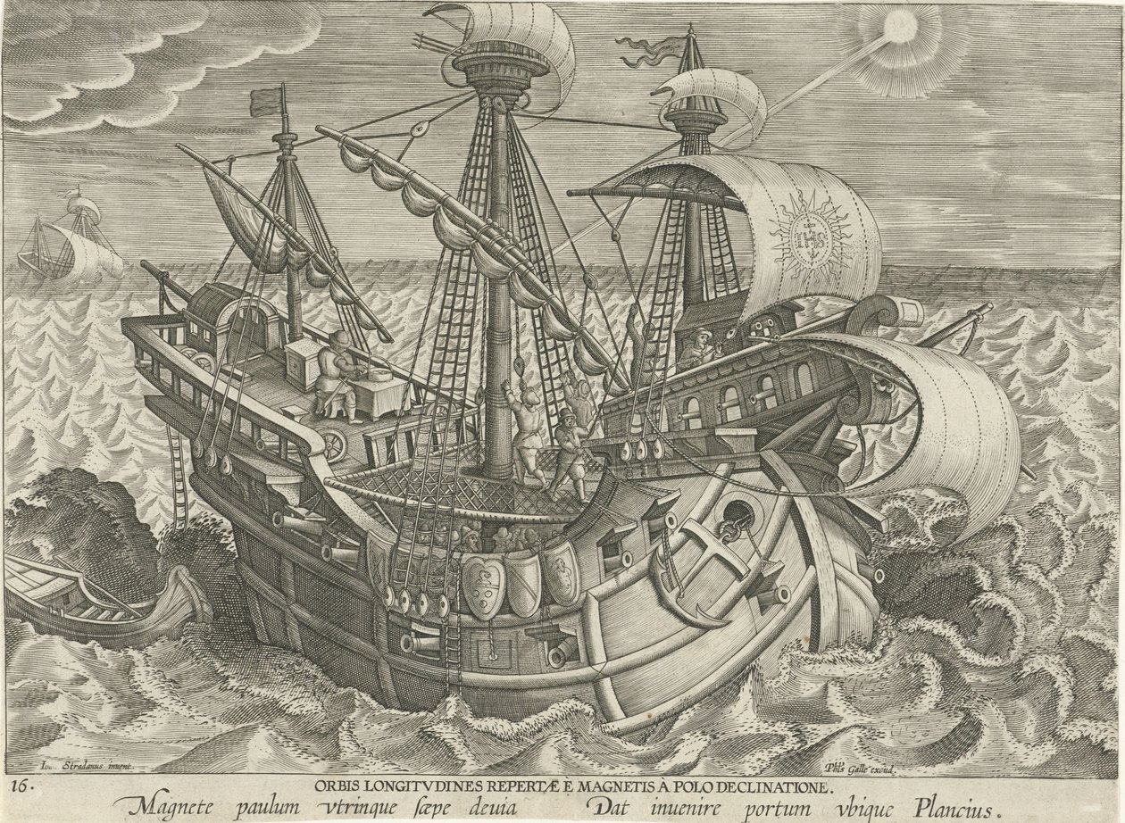 Determining Longitude Using a Compass by Jan Collaert (II) (attributed to)