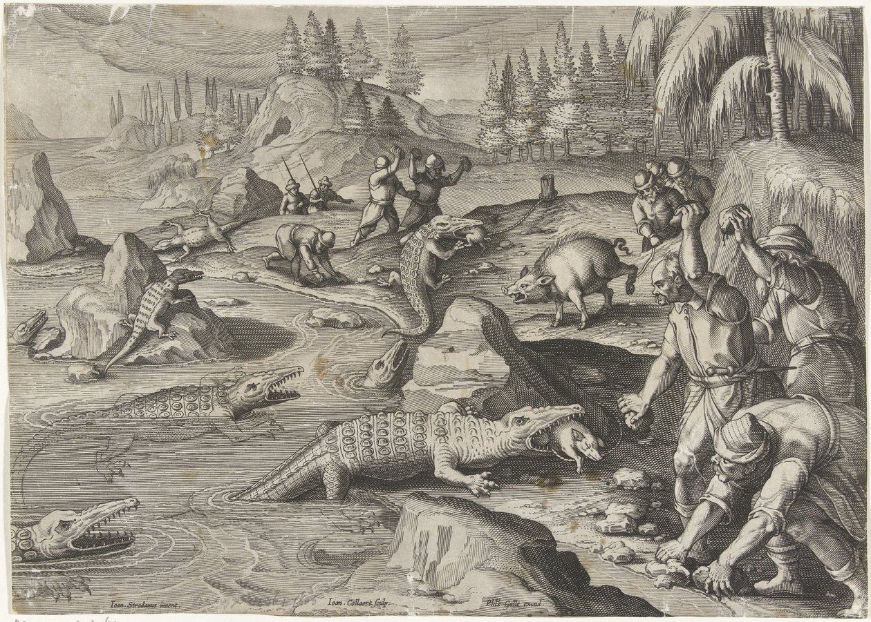 Crocodile Hunt (series title: Hunting Scenes, Venationes Ferarum, Auium, Piscium Pvgnae Bestiariorum) by Jan Collaert (II)