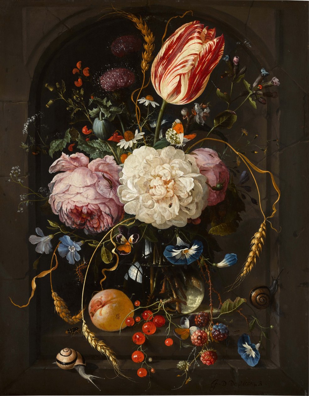 Still Life of Flowers in a Glass Vase with Insects and Fruits in a Stone Niche by Jan Davidsz. de Heem