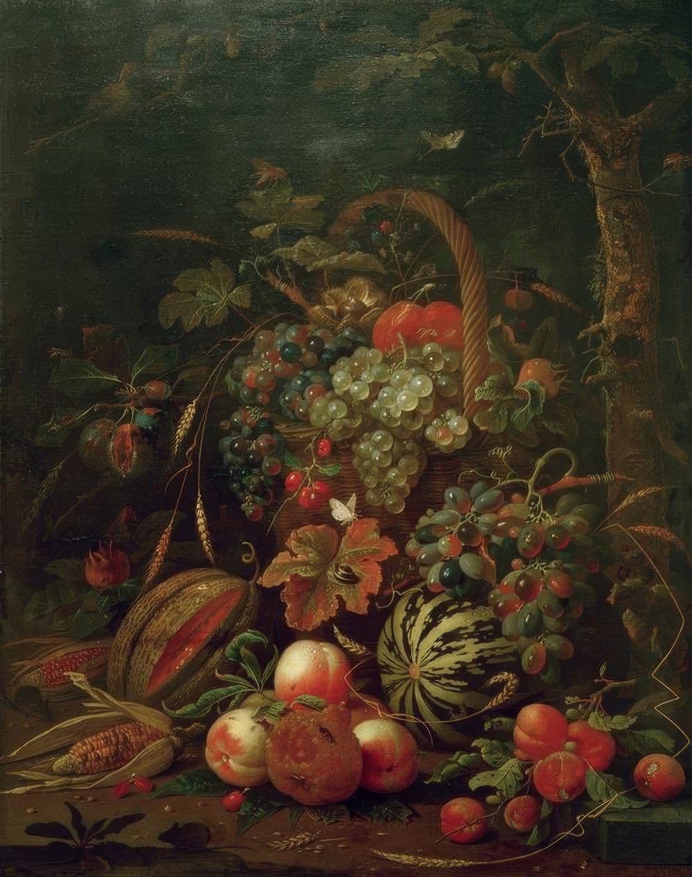 Still Life with Fruit Basket, Pumpkin, Melon, and Peaches by an Oak by Jan Davidsz de Heem