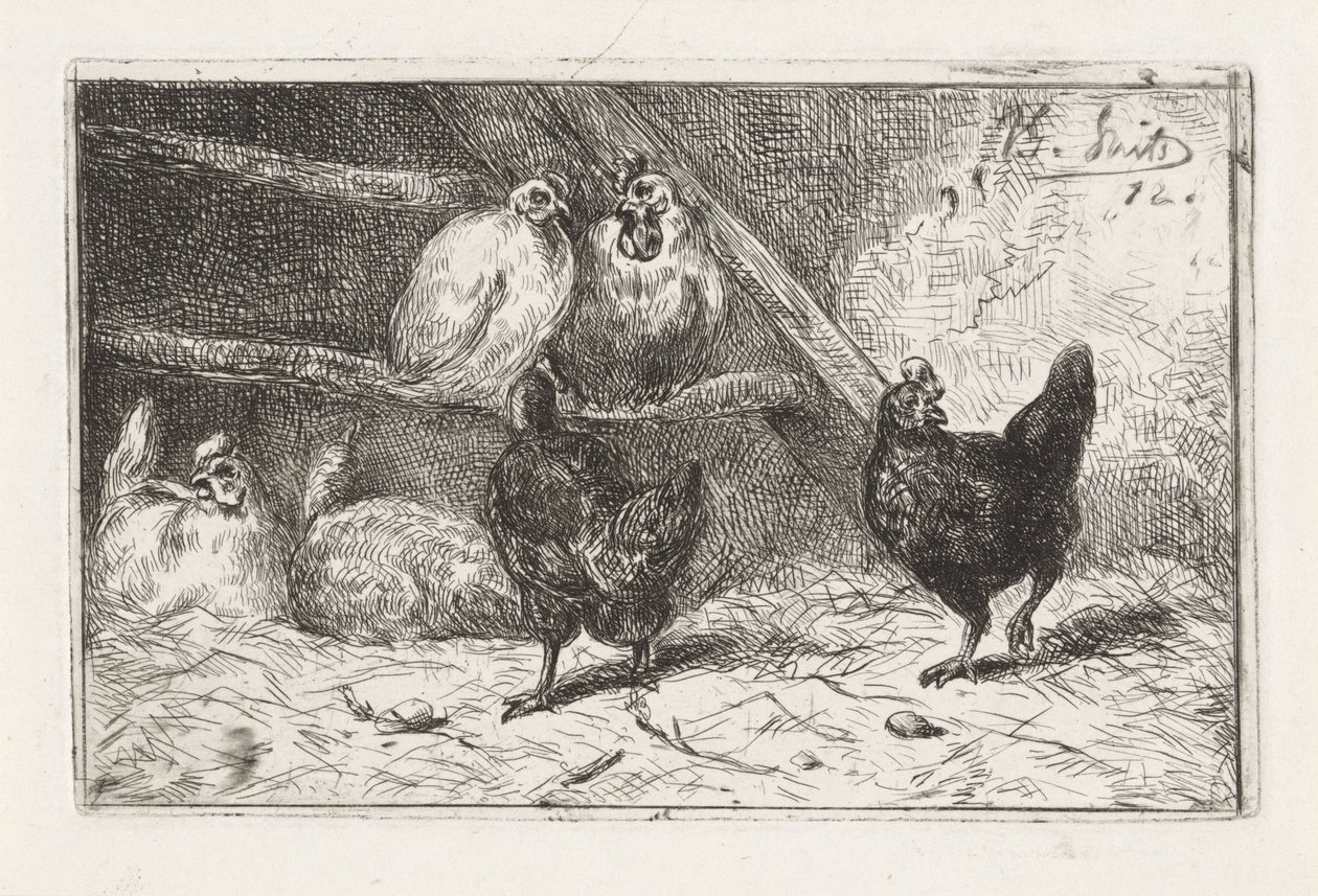 Rooster and Five Hens in a Coop by Jan Gerard Smits
