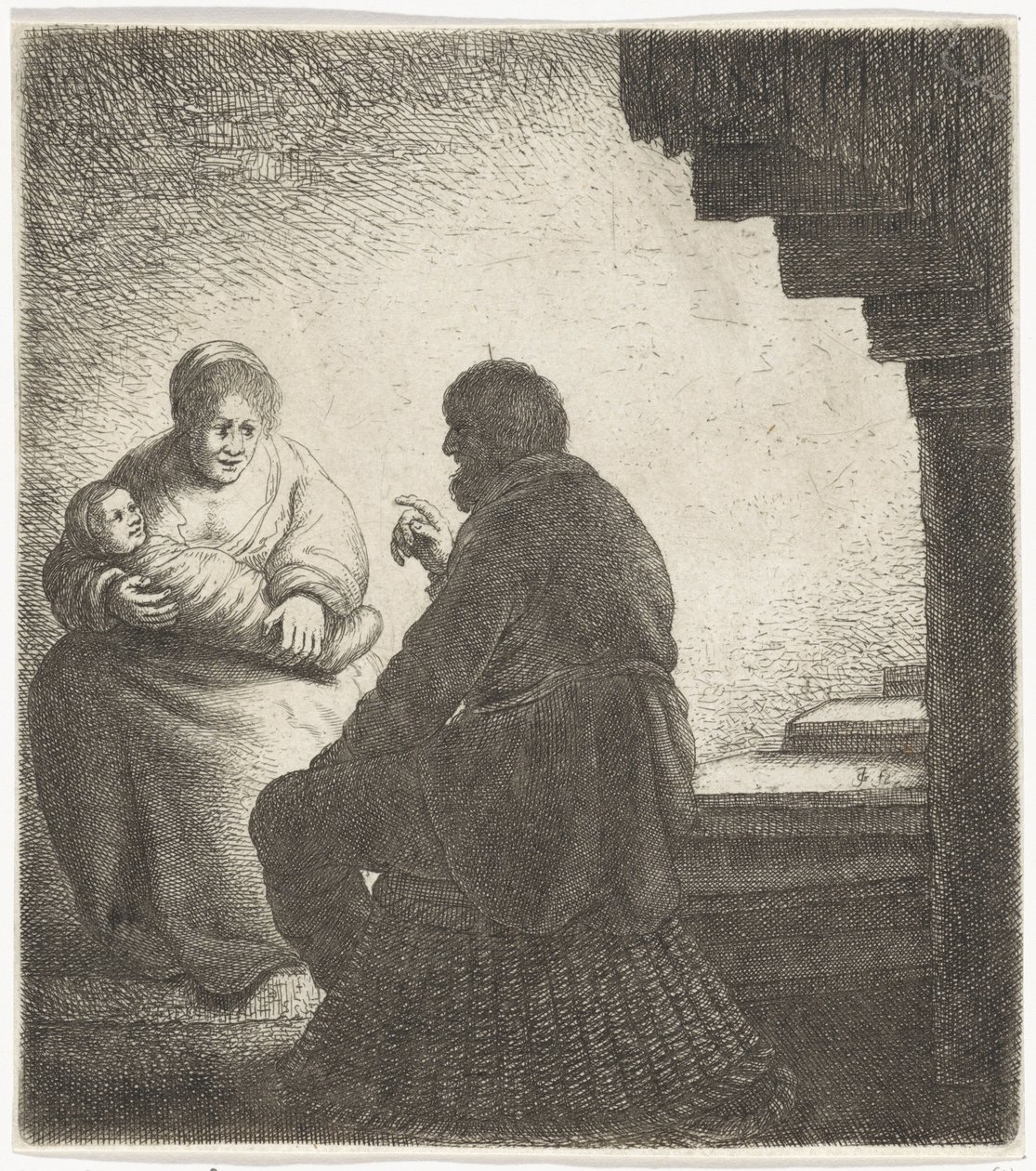 Family Sitting by a Spiral Staircase by Jan Gillisz. van Vliet