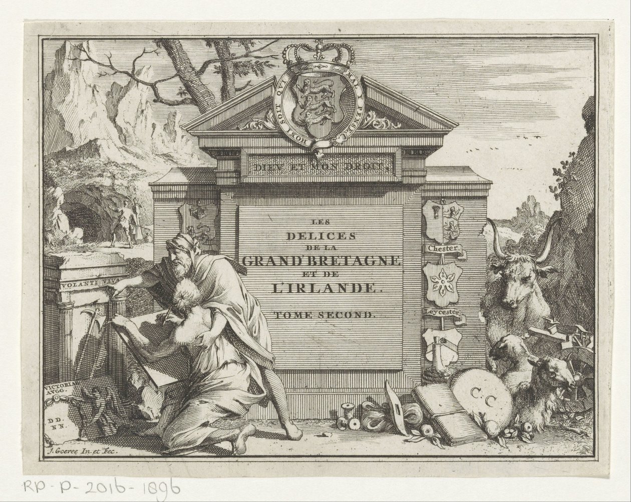 Man Pointing a Young Man Drawing a Ruin (Title Page for: James Beeverell, Les delices de la Grand