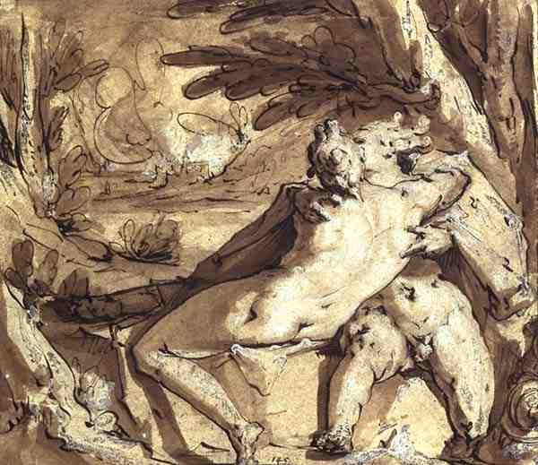 Nude couple seated, embracing by a tree by Jan Harmensz Muller