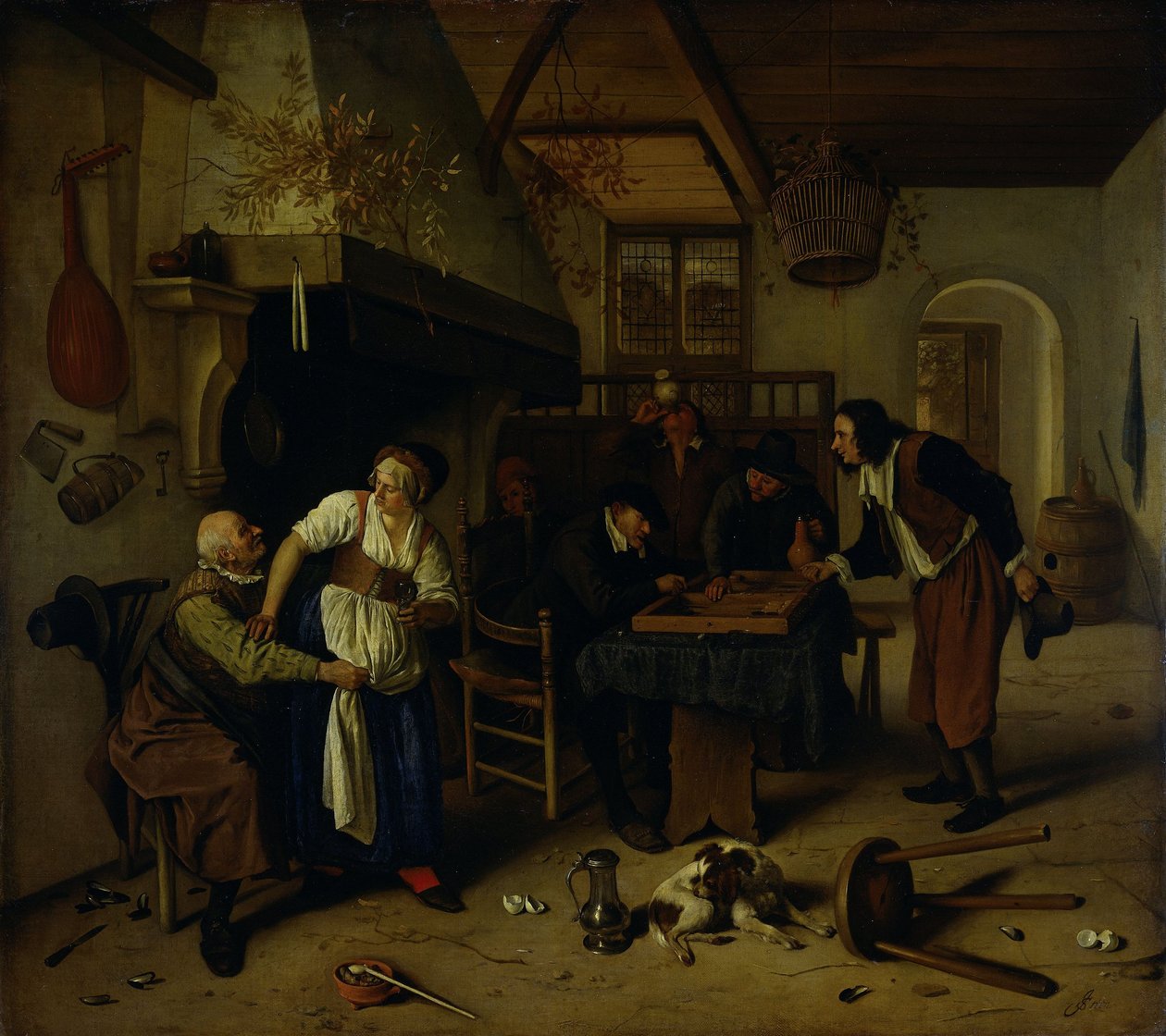 Interior of an Inn with an Old Man Amusing Himself with the Landlady and Two Men Playing Backgammon, known as 