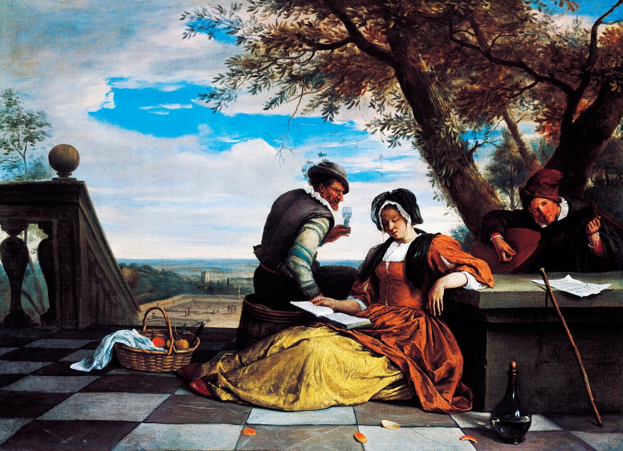 Two men and young woman making music on terrace by Jan Havicksz. Steen