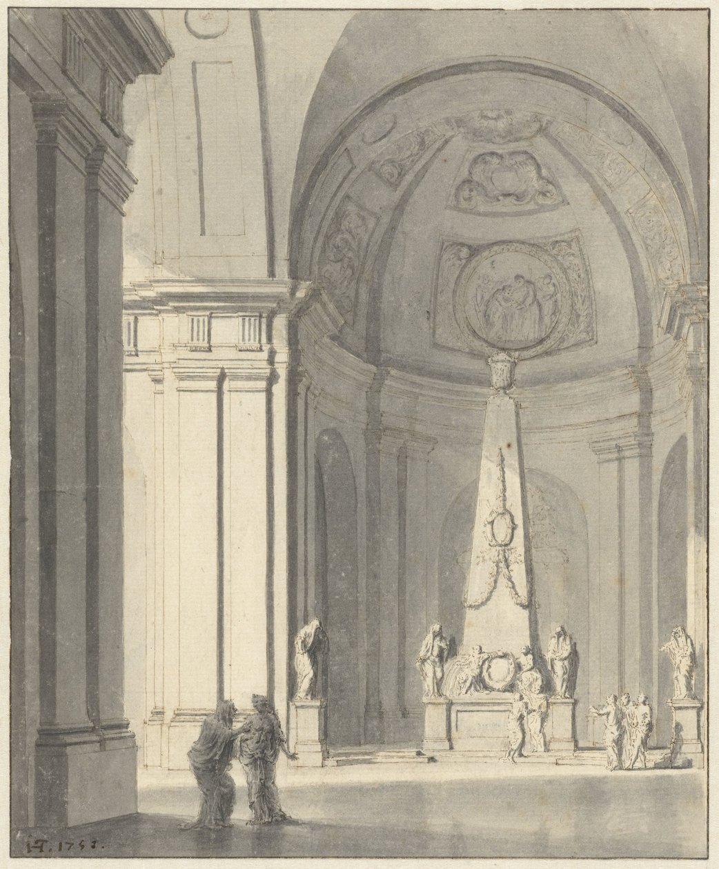 Large vaulted hall with a tomb monument by Jan Hendrik Troost van Groenendoelen