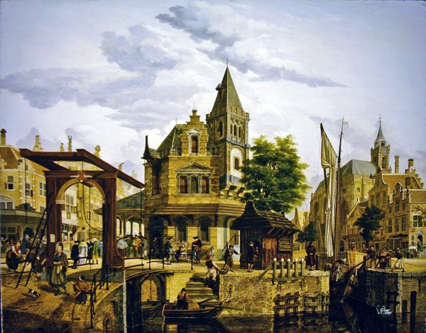 A Dutch Street Scene Along a Canal by Jan Hendrik Verheyen
