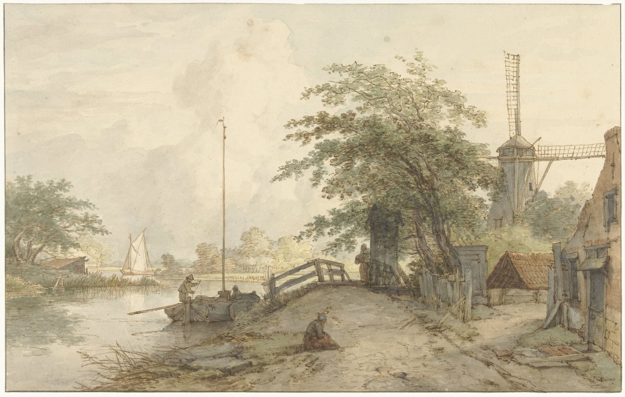 Landscape with Bridge and House along a Road by Water by Jan Hulswit