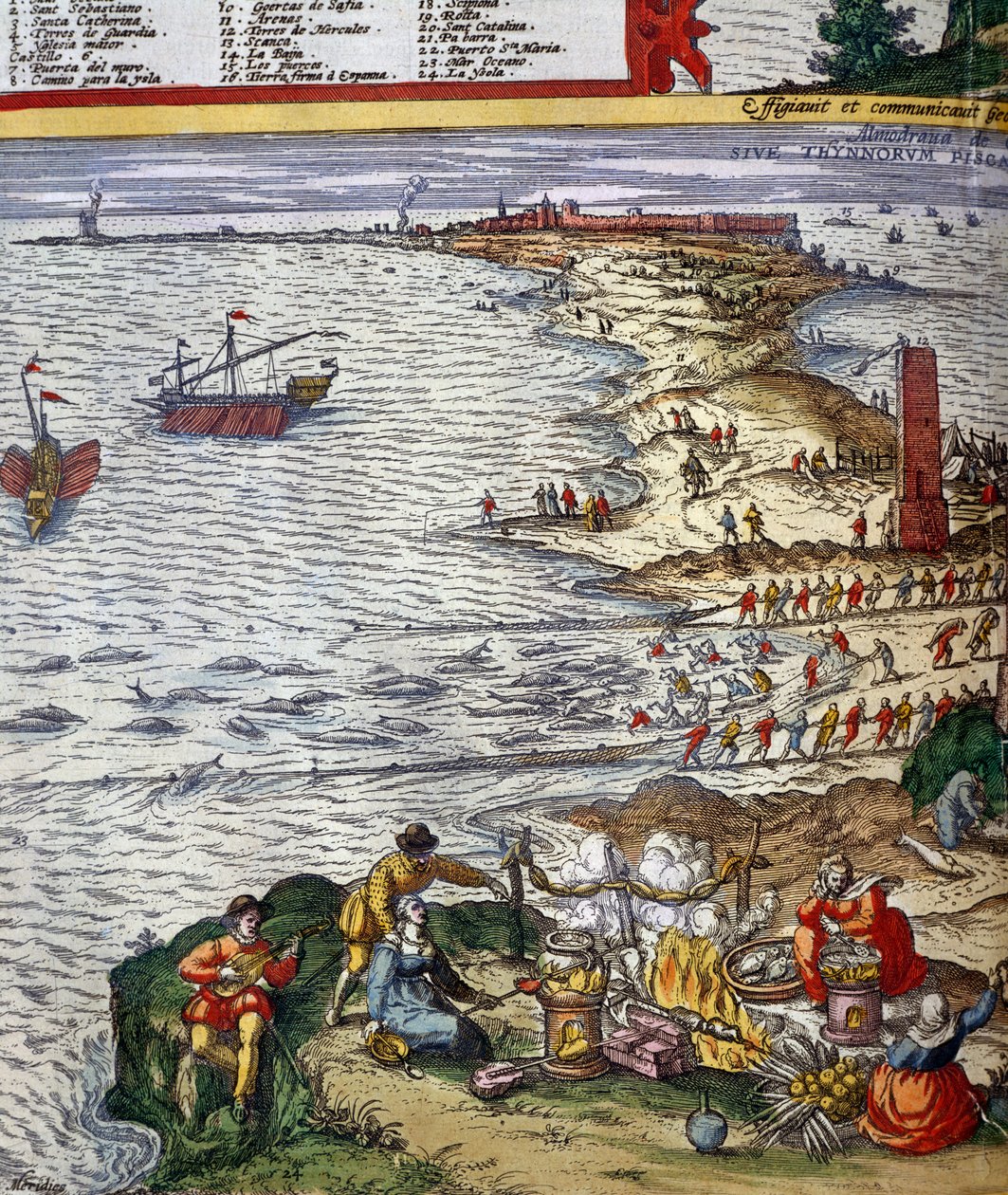 Fishing scene and preparing fish at port city of Cadiz by Jan Janssonius