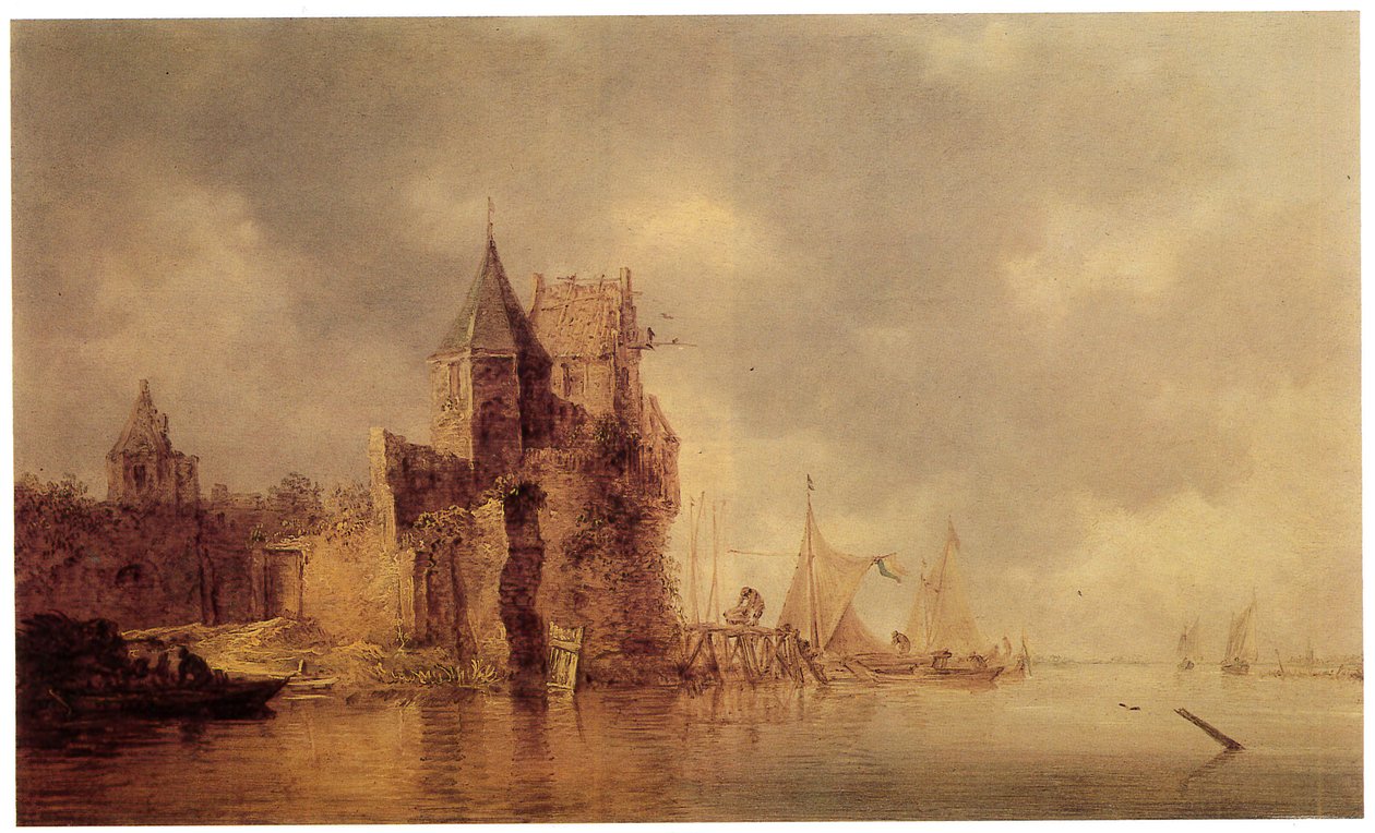 A Medieval Tower on a Castle Rampart with Sailing Ships at a Jetty and a Rowing Boat in the Foreground by Jan Josephsz van Goyen