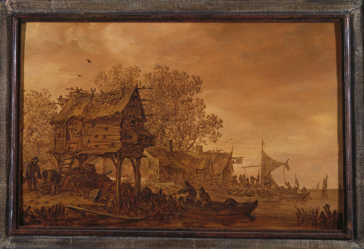 A Village on a Riverbank with Peasants in a Boat by a Dovecote, 1651 by Jan Josephsz van Goyen
