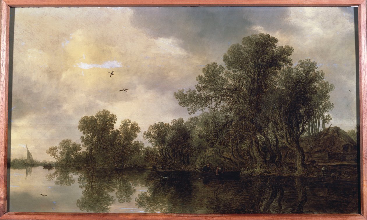 A Wooded River Landscape, with Peasants in a Rowing Boat by a Cottage and a Ferry, a Sailing Boat in the Distance, 1633 by Jan Josephsz van Goyen