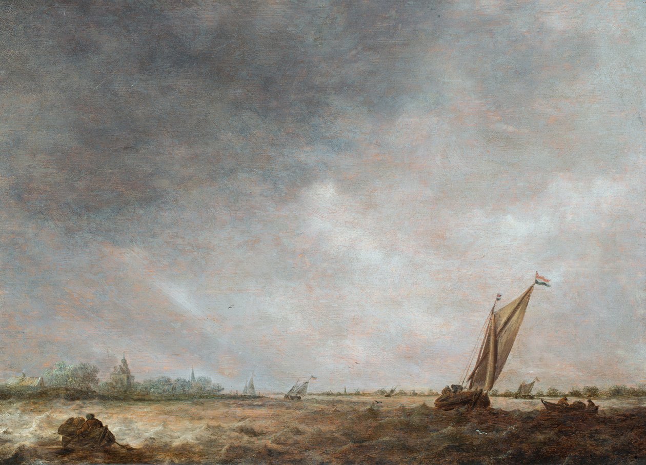An Estuary Scene with Shipping in Choppy Water by Jan Josephsz van Goyen