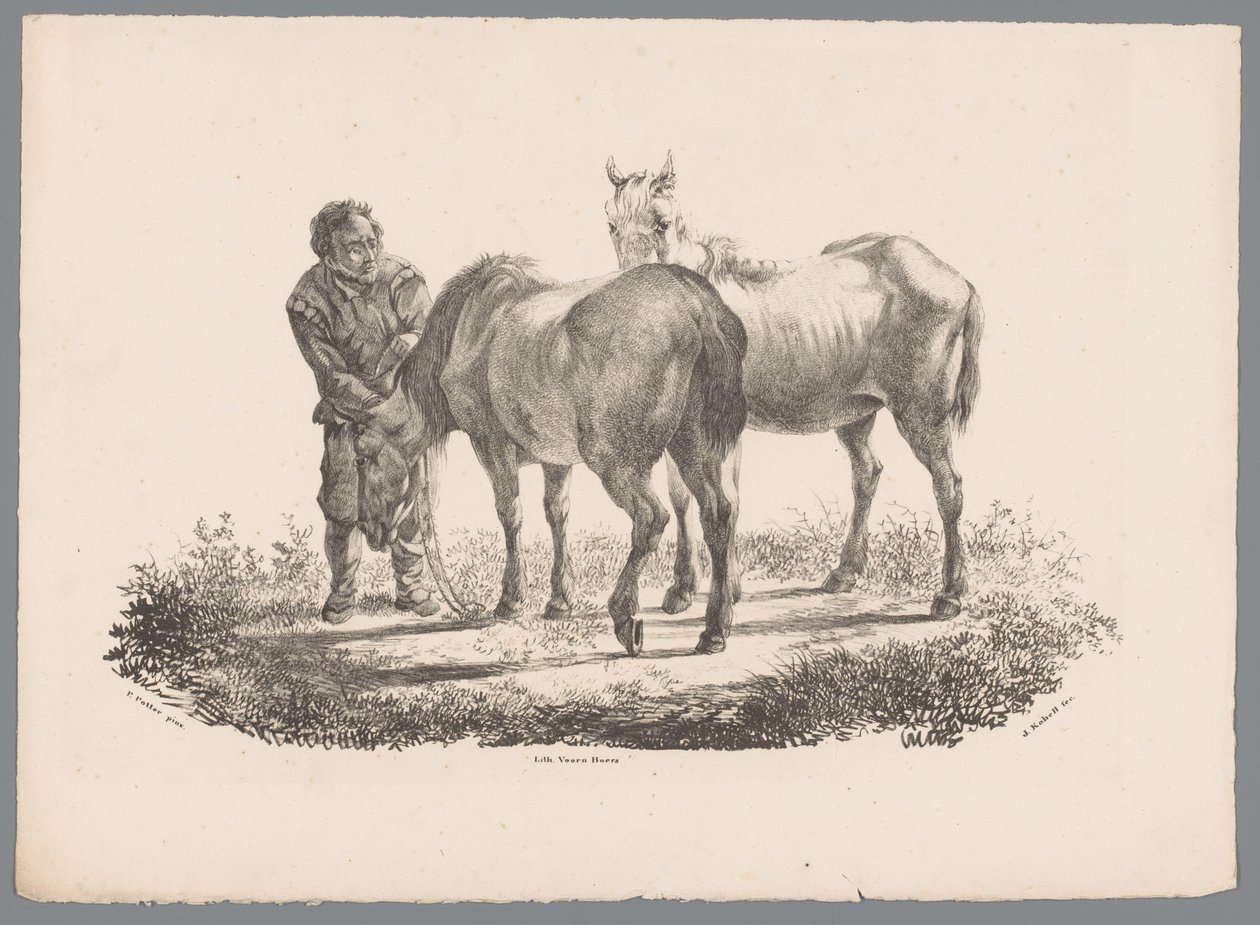 Man and Two Horses Animal Studies by J. Kobell after Paul Potter No. 1 (series title) by Jan Kobell (III)