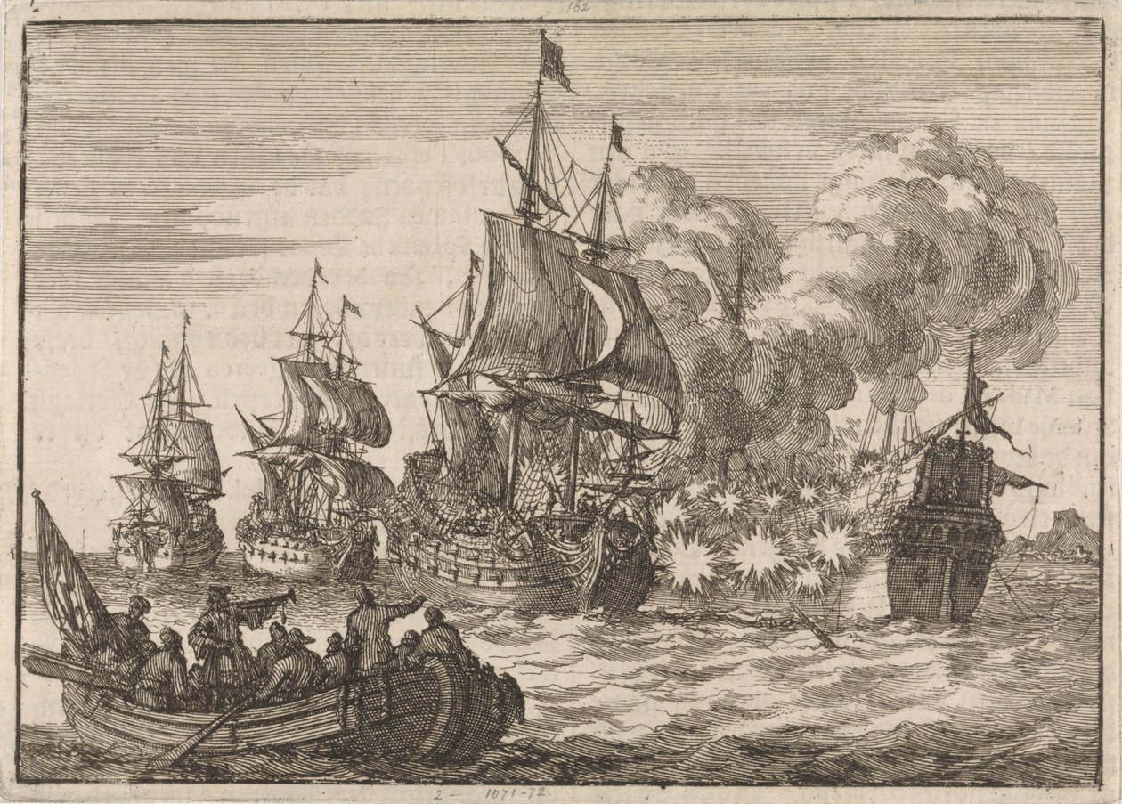 Spanish Admiral Papachino Attacked by Three French Ships Near Valencia, 1688 by Jan Luyken