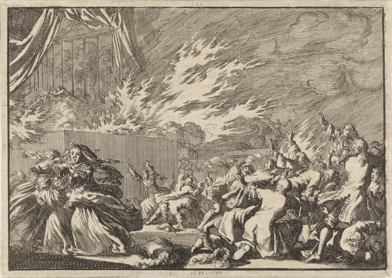 Fire of a Wooden Shed Hosting a Theatrical Performance Next to Amalienborg Palace in Copenhagen, 1689 by Jan Luyken