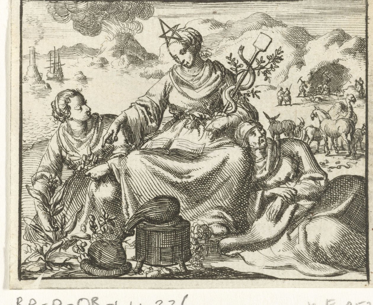 Health (Sanitas) Flanked by a Sick Woman and a Woman Picking Herbs by Jan Luyken